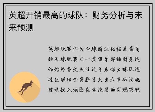 英超开销最高的球队：财务分析与未来预测